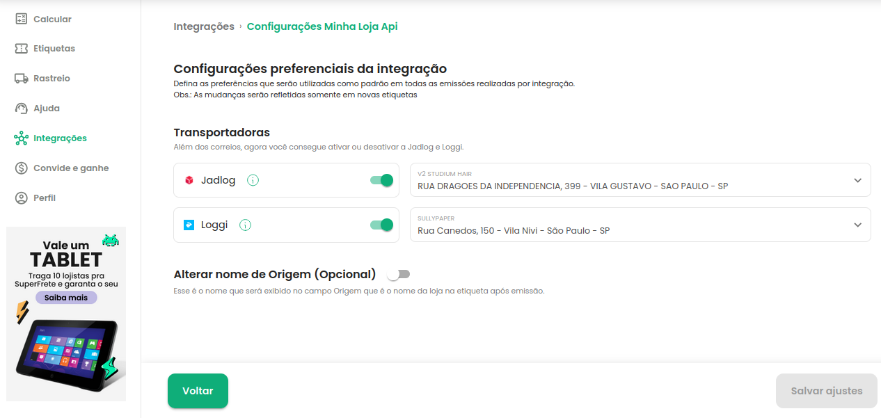 Configurações do token no painel SuperFrete, com a opção de desativar a Loggi